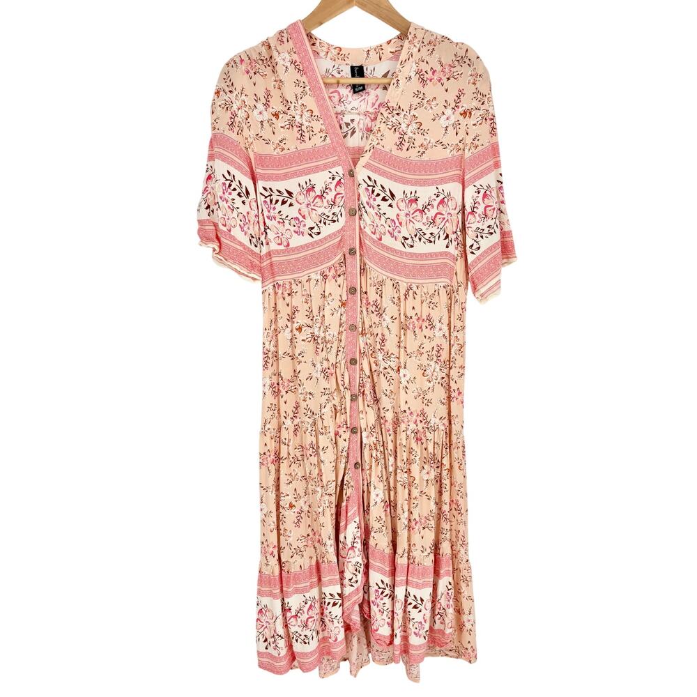 Sacred Threads Rayon Pink Cream Floral Button Front Boho Midi Dress Size S/M